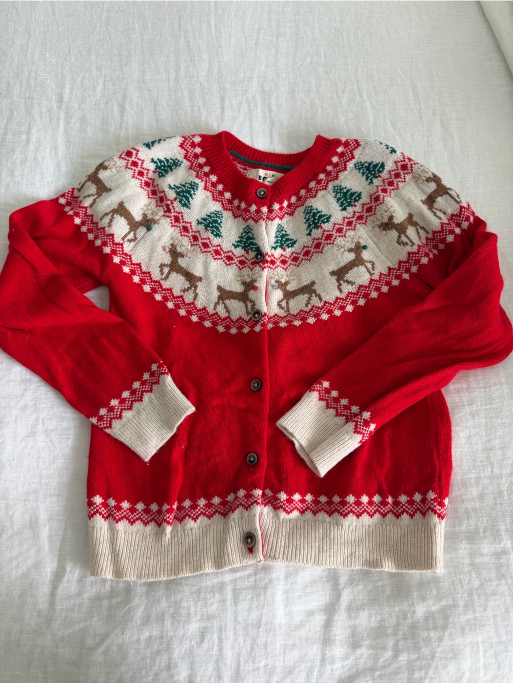 Mini Boden Red Fair Isle Reindeer Knit Cardigan 8-9
